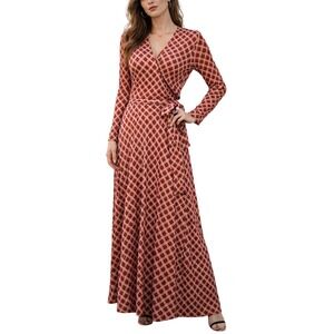 Leota Retro Plus 1X Geometric Diamond Faux Wrap Midi Dress Red Pink Long Sleeve